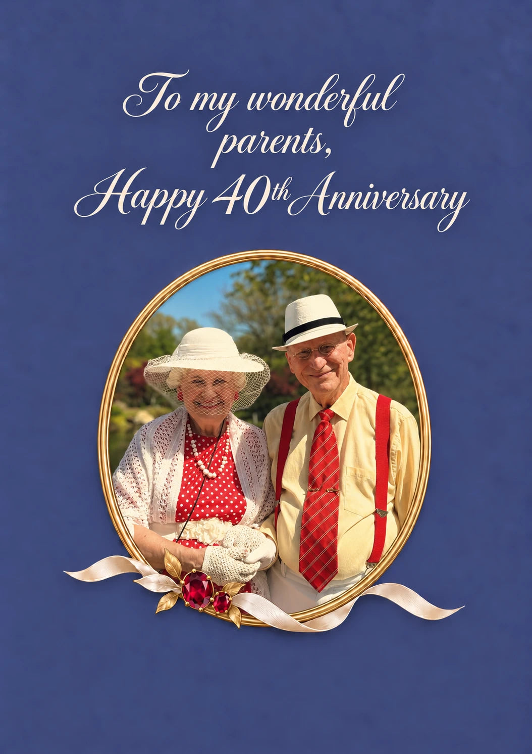 Ruby Gemstone Oval Frame Photo Upload 40th Anniversary Card for Mum and Dad