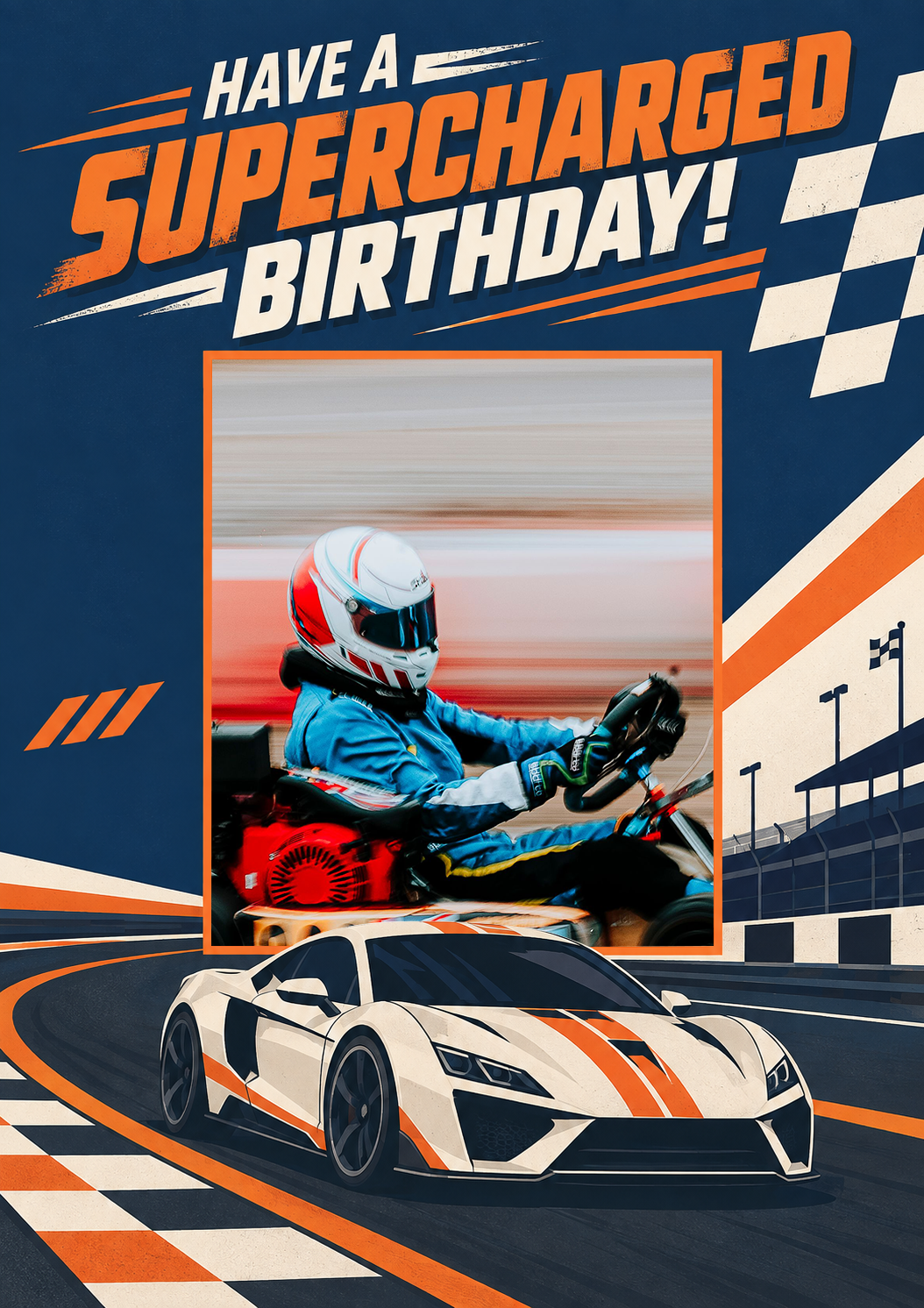 Supercharged Racing Car Photo Upload Birthday Card for Him