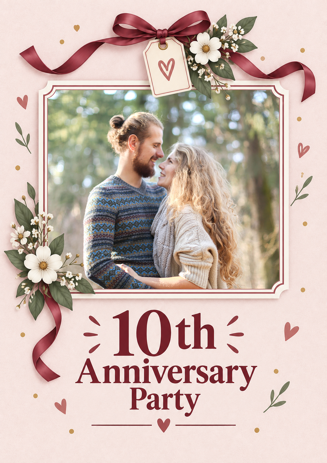 Romantic Floral Ribbon Photo Upload 10th Anniversary Card