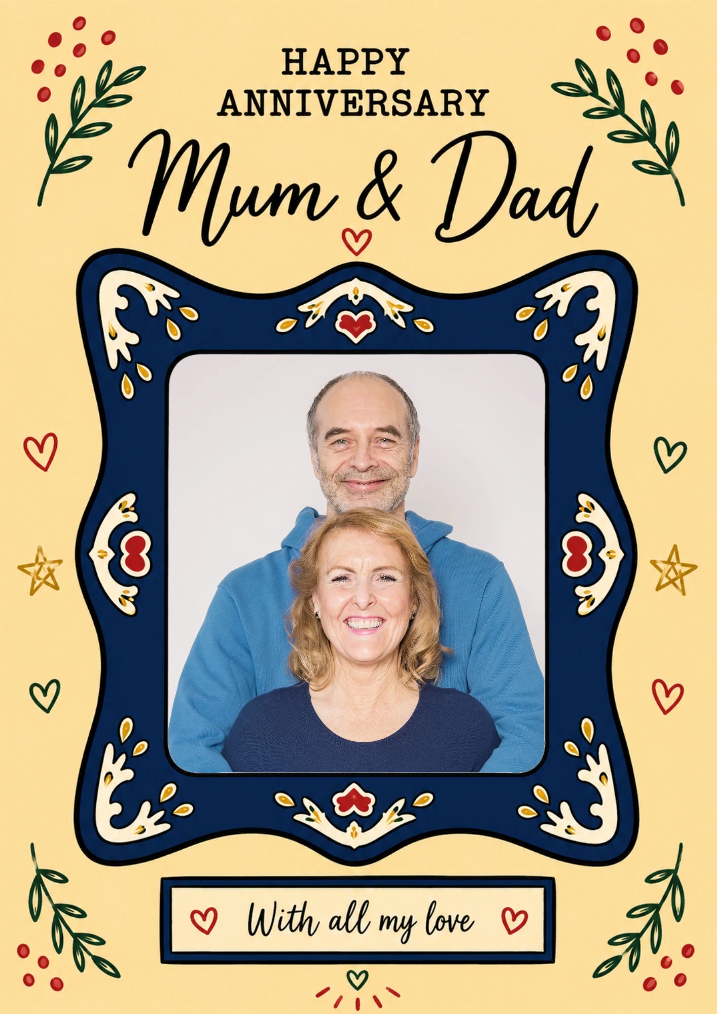 Folk Art Frame Mum & Dad Photo Upload Anniversary Card