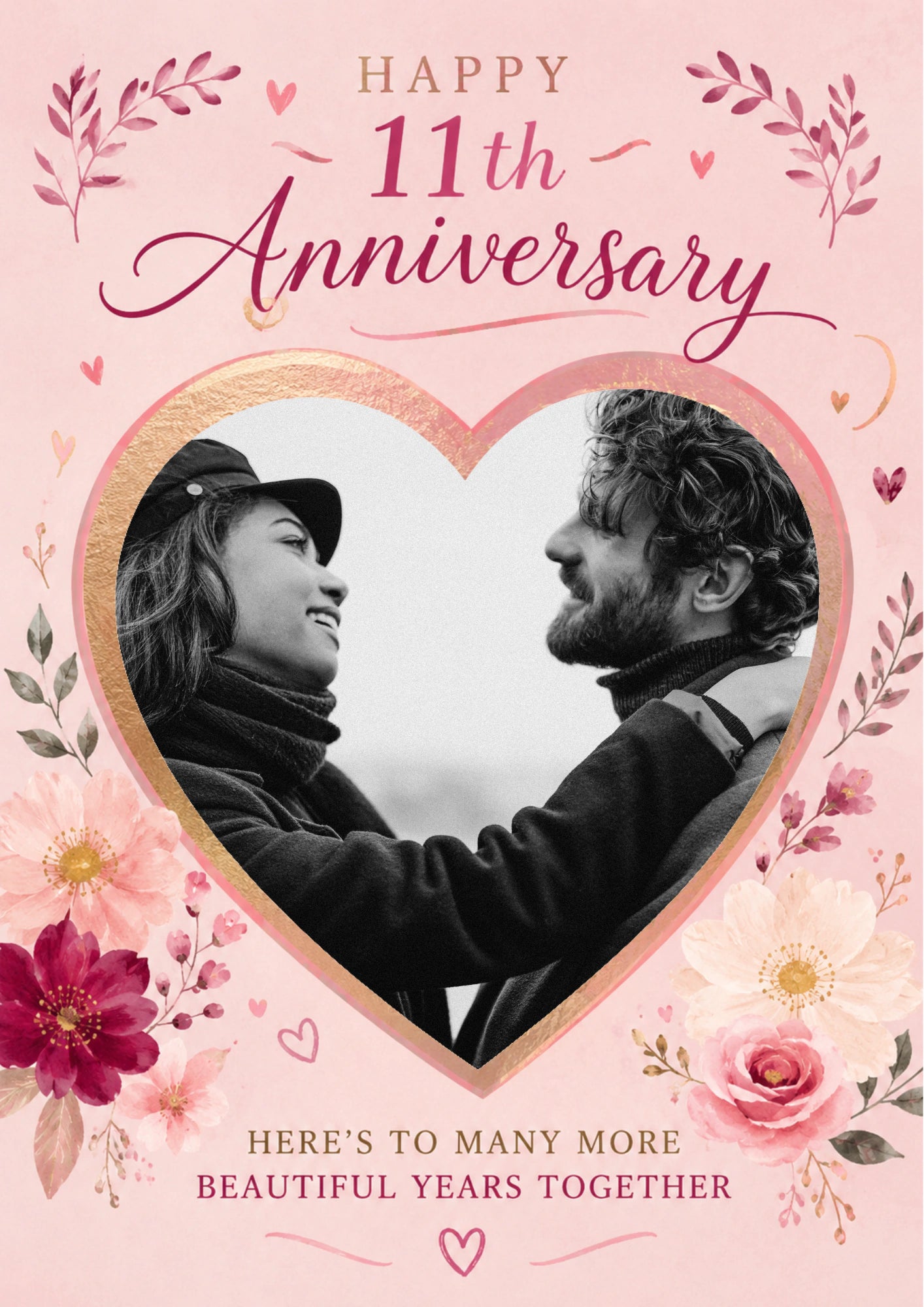 Pink Floral Heart Photo Upload 11th Anniversary Card for Her