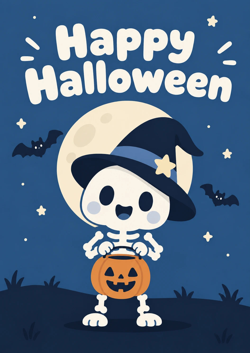 Cute Skeleton Witch with Pumpkin Halloween Card