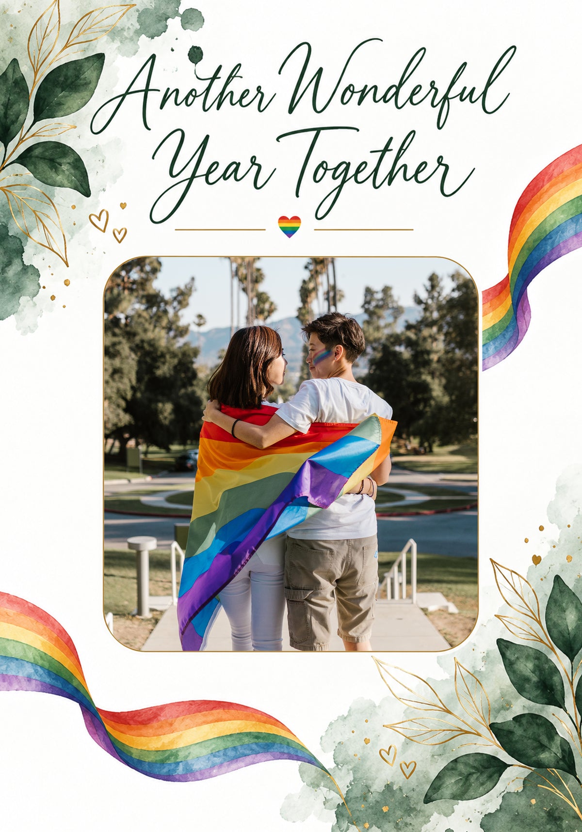 Rainbow Heart LGBTQ+ Photo Upload Anniversary Card