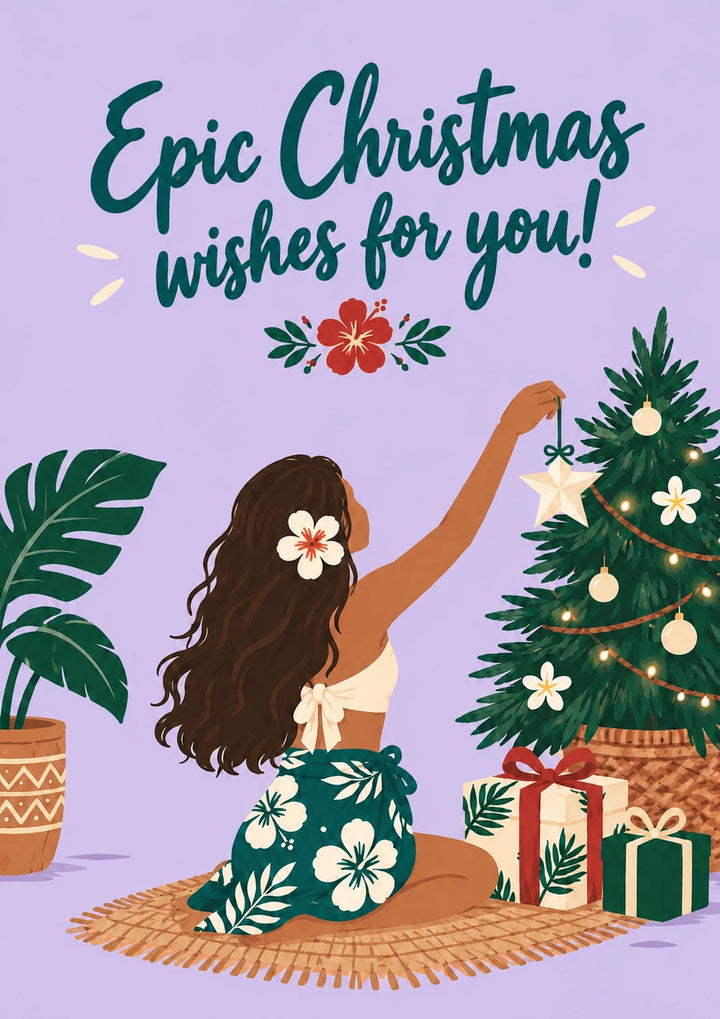 Tropical Hibiscus Tree Decorating Christmas Card for Her