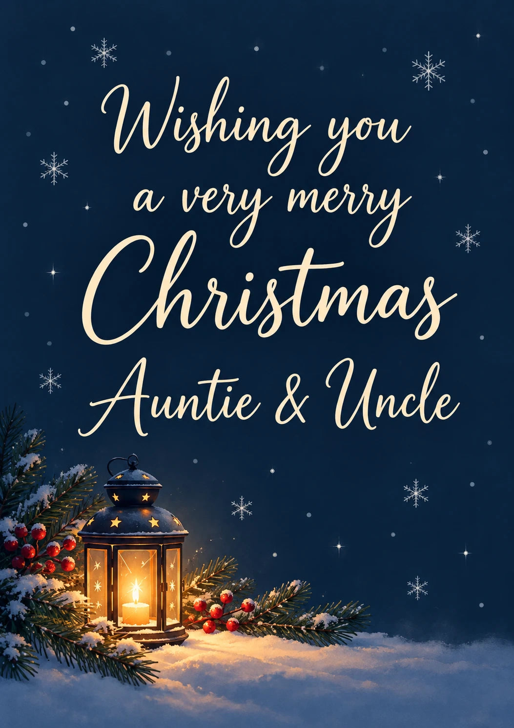 Glowing Lantern Snowy Scene Christmas Card for Auntie & Uncle