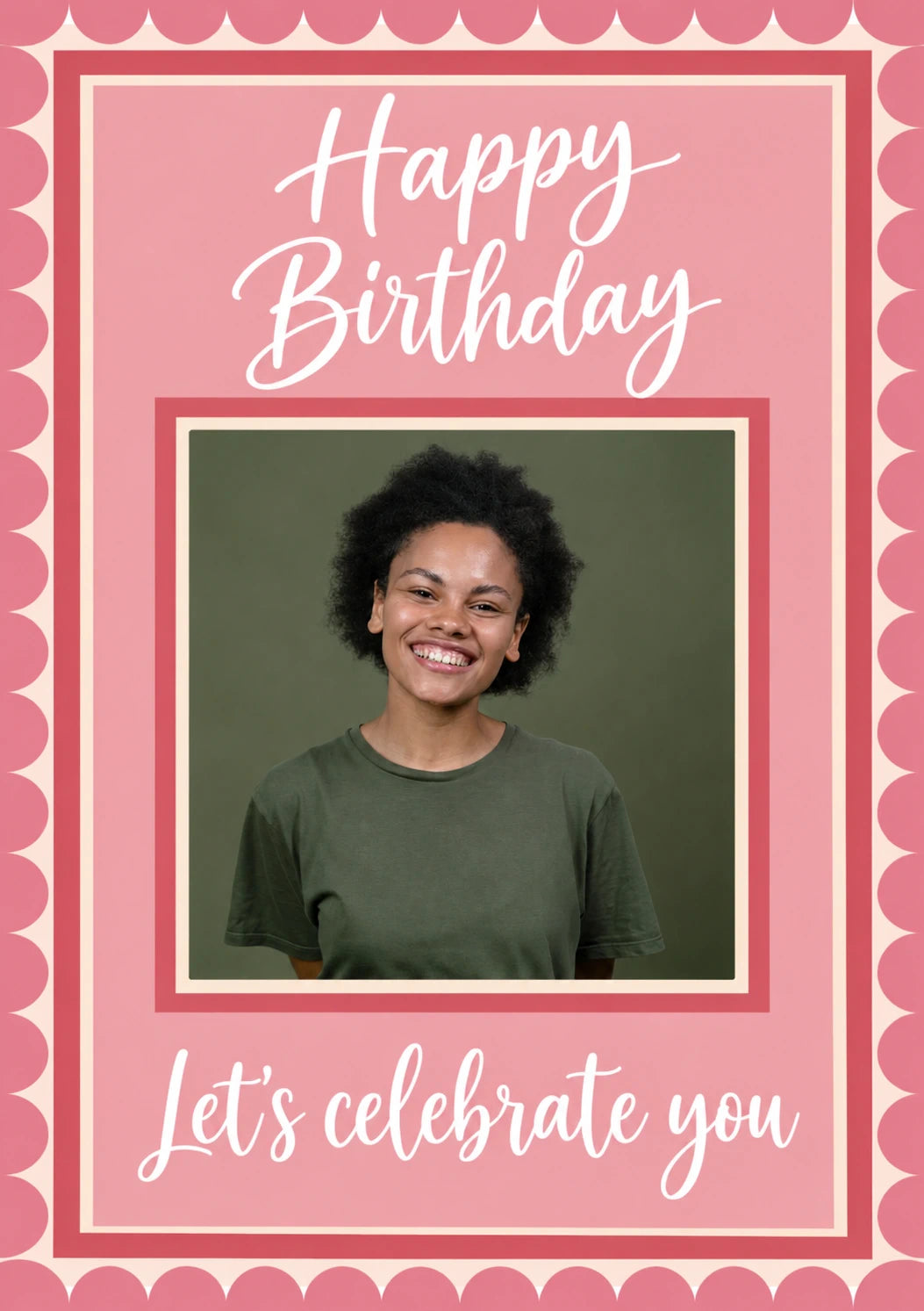 Pink Scallop Border Photo Upload Birthday Card for Her