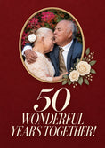 Load image into Gallery viewer, Red Floral Oval Frame Photo Upload 50th Anniversary Card for Mum and Dad

