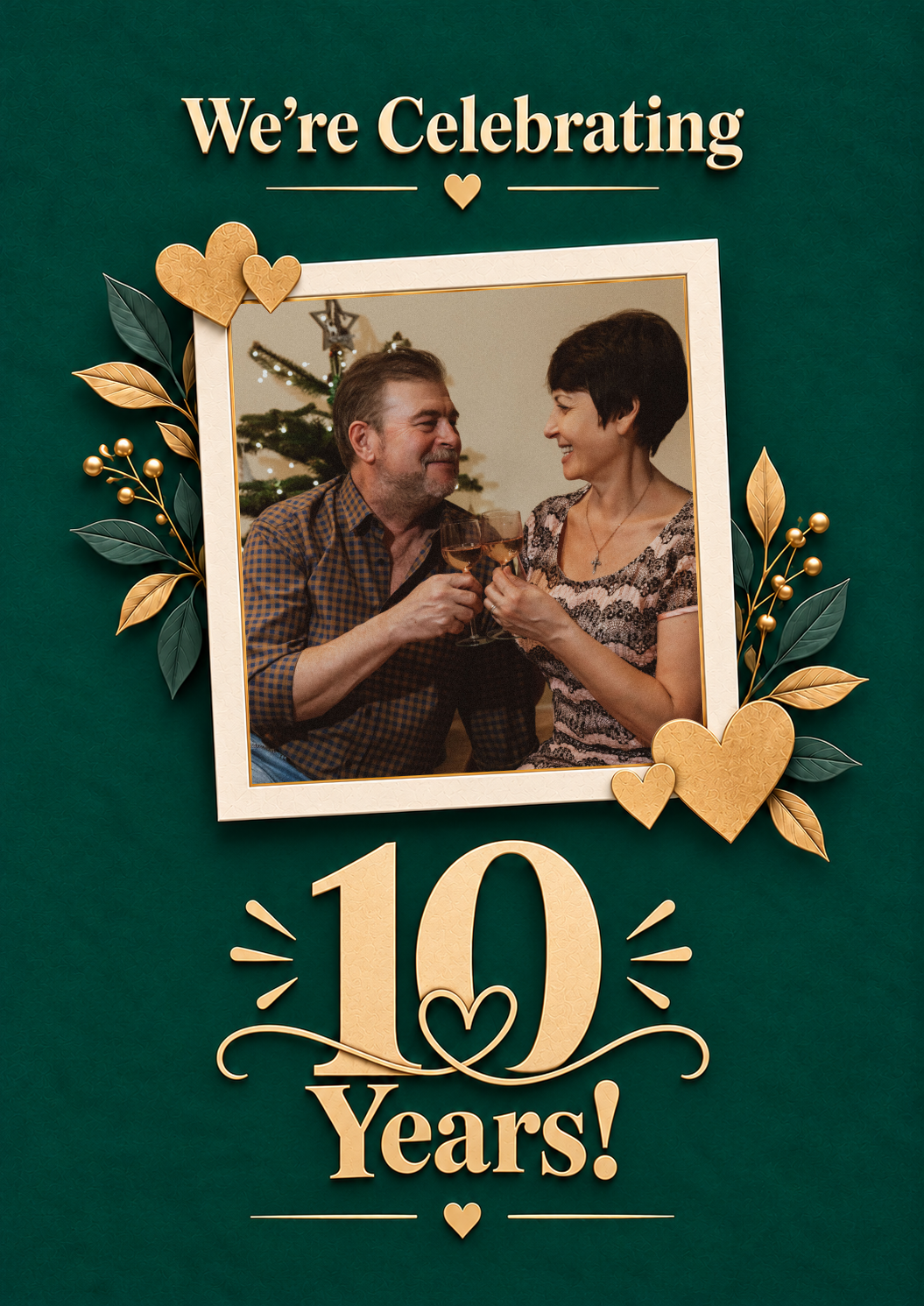 Gold Floral Hearts Photo Upload 10th Anniversary Card for Partner