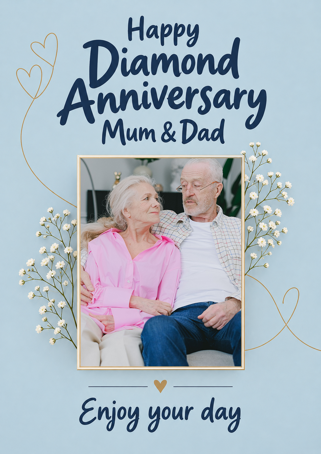 Blue Floral Baby's Breath Photo Upload Diamond Anniversary Card for Mum and Dad