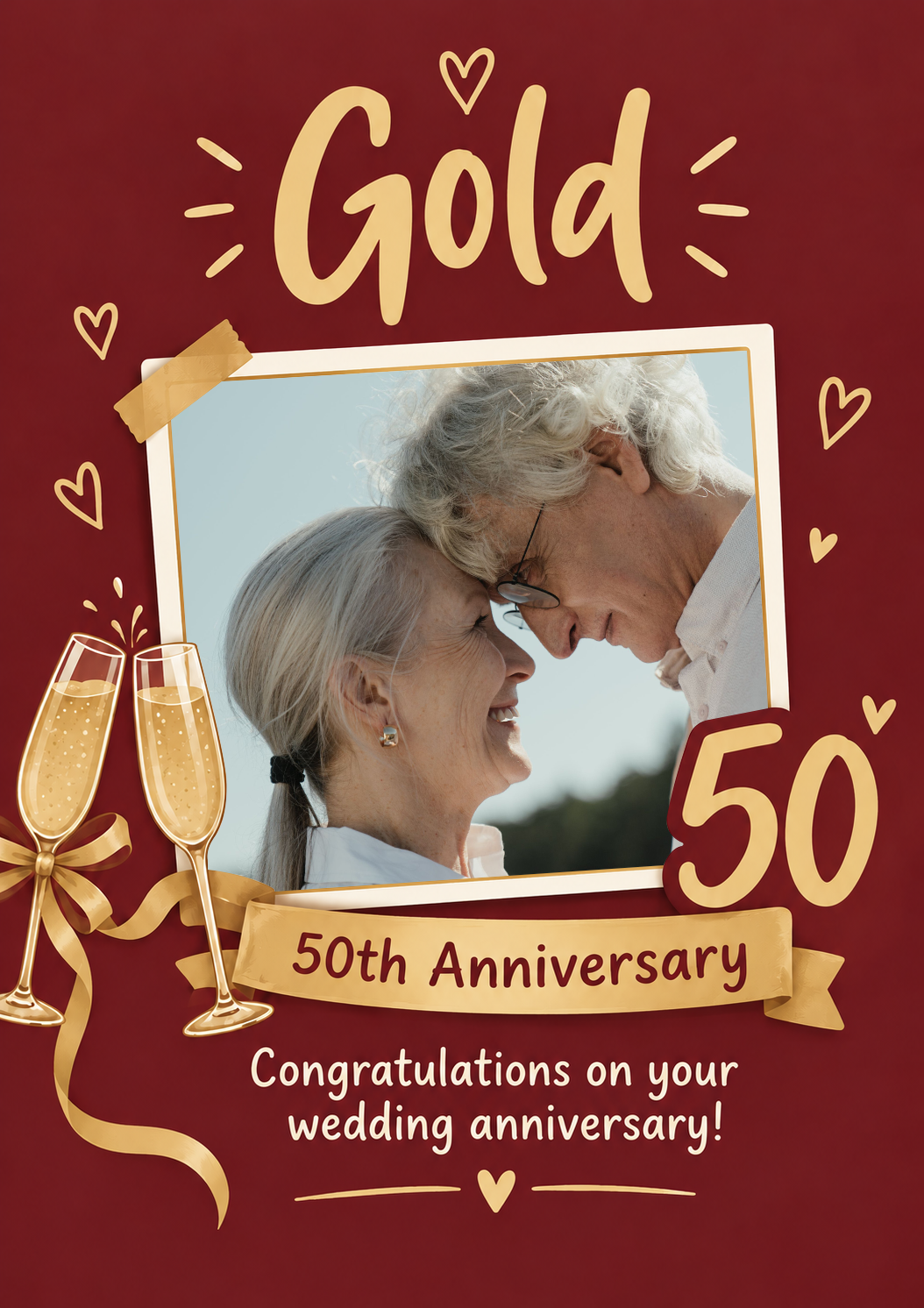 Gold Champagne Flutes Photo Upload 50th Anniversary Card for Parents