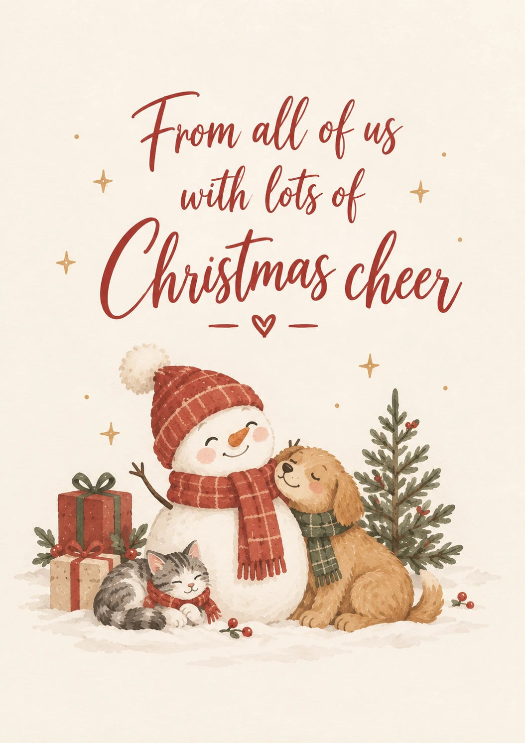 Snowman Cat and Dog Christmas Card for Friend