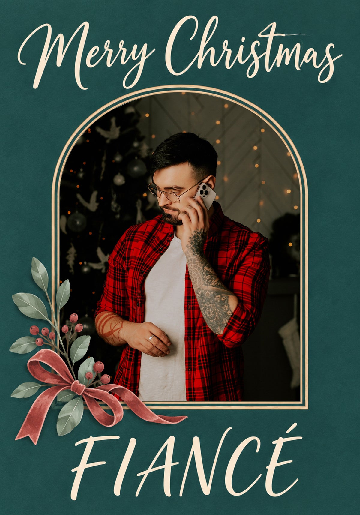 Elegant Green Arch Floral Photo Upload Christmas Card for Him