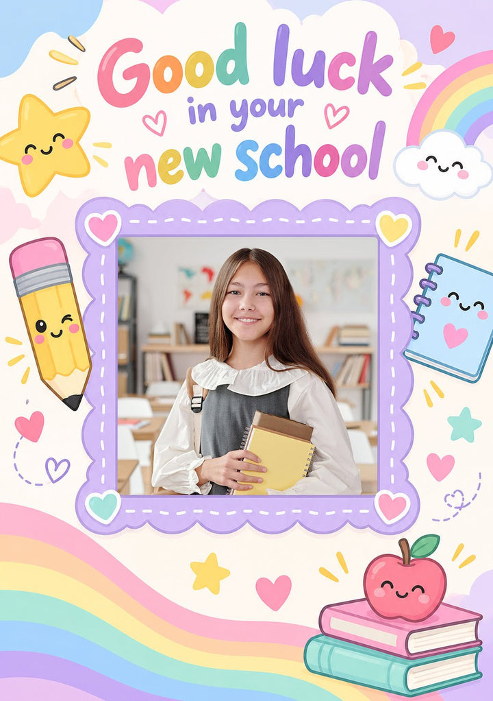 Good Luck New School Rainbow Kawaii Photo Upload Back to School Card