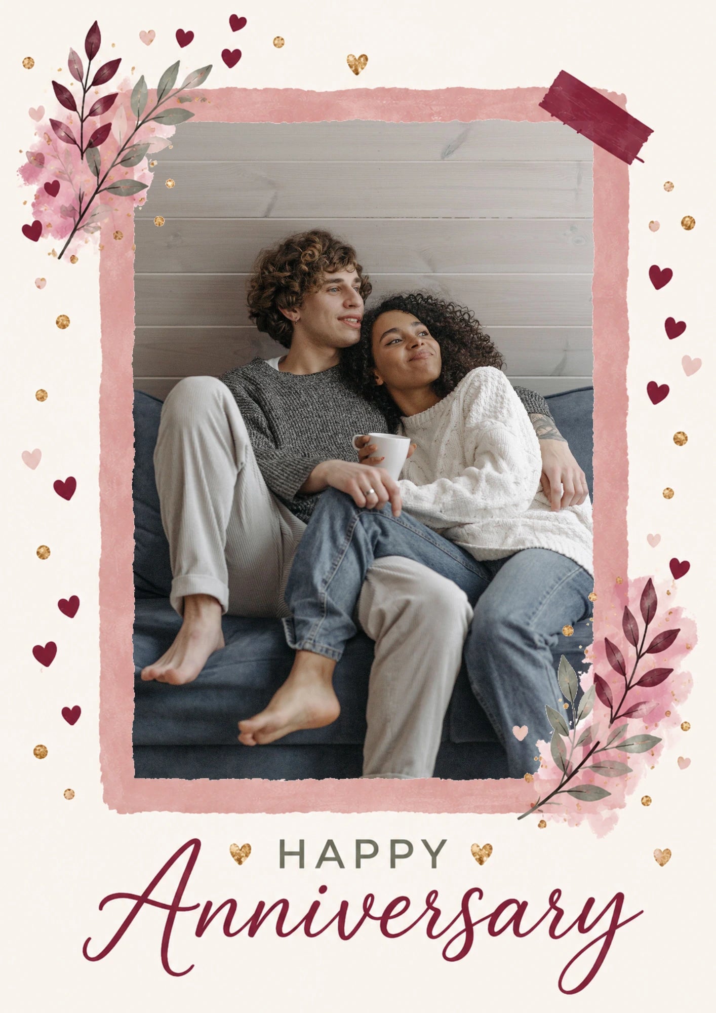 Romantic Watercolour Floral Photo Upload Anniversary Card for Her