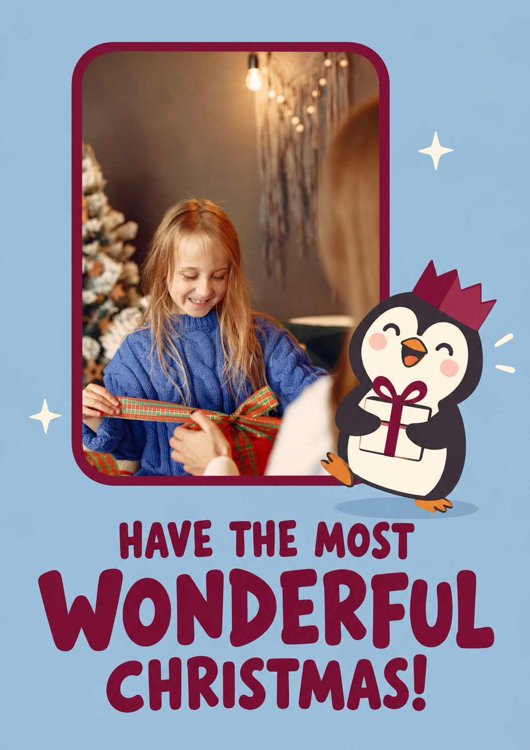 Cute Penguin With Gift Photo Upload Christmas Card for Her