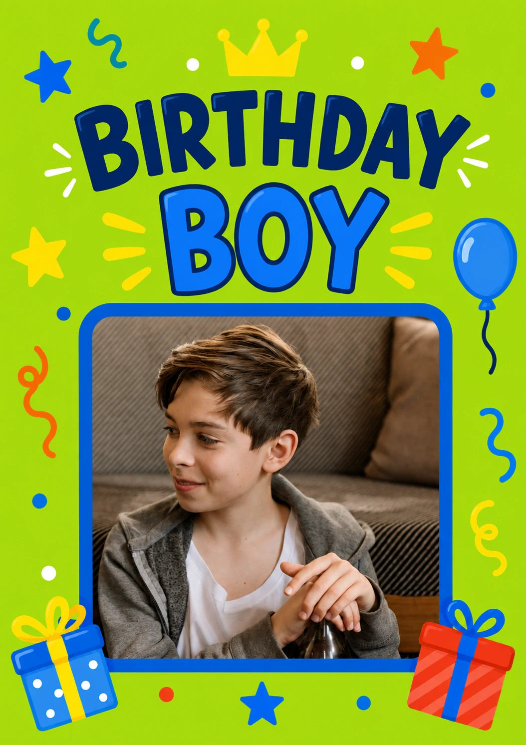 Birthday Boy Green Burst Photo Upload Birthday Card for Him