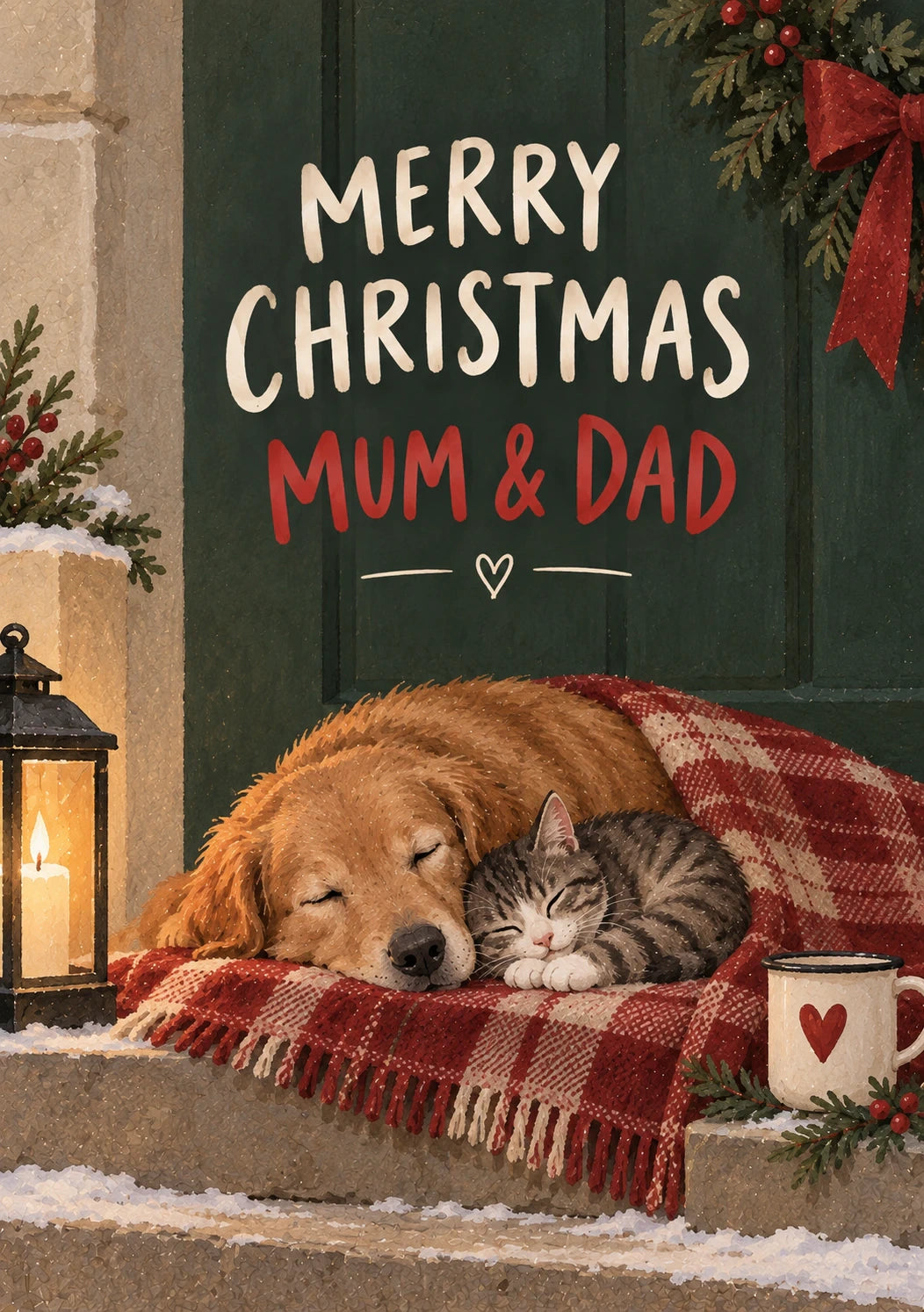 Sleeping Dog and Cat on Doorstep Christmas Card for Mum and Dad