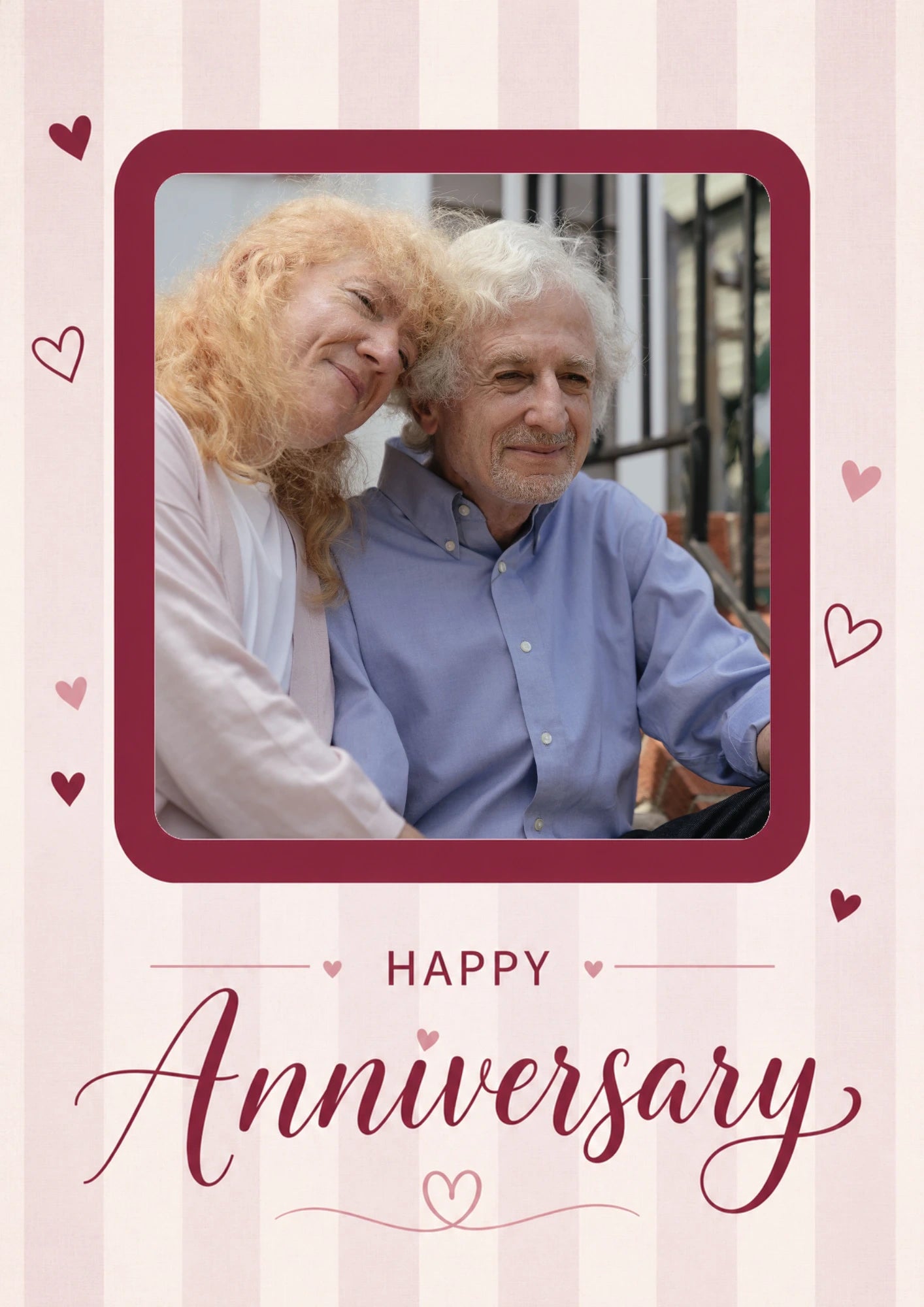 Pink Striped Hearts Photo Upload Anniversary Card for Her