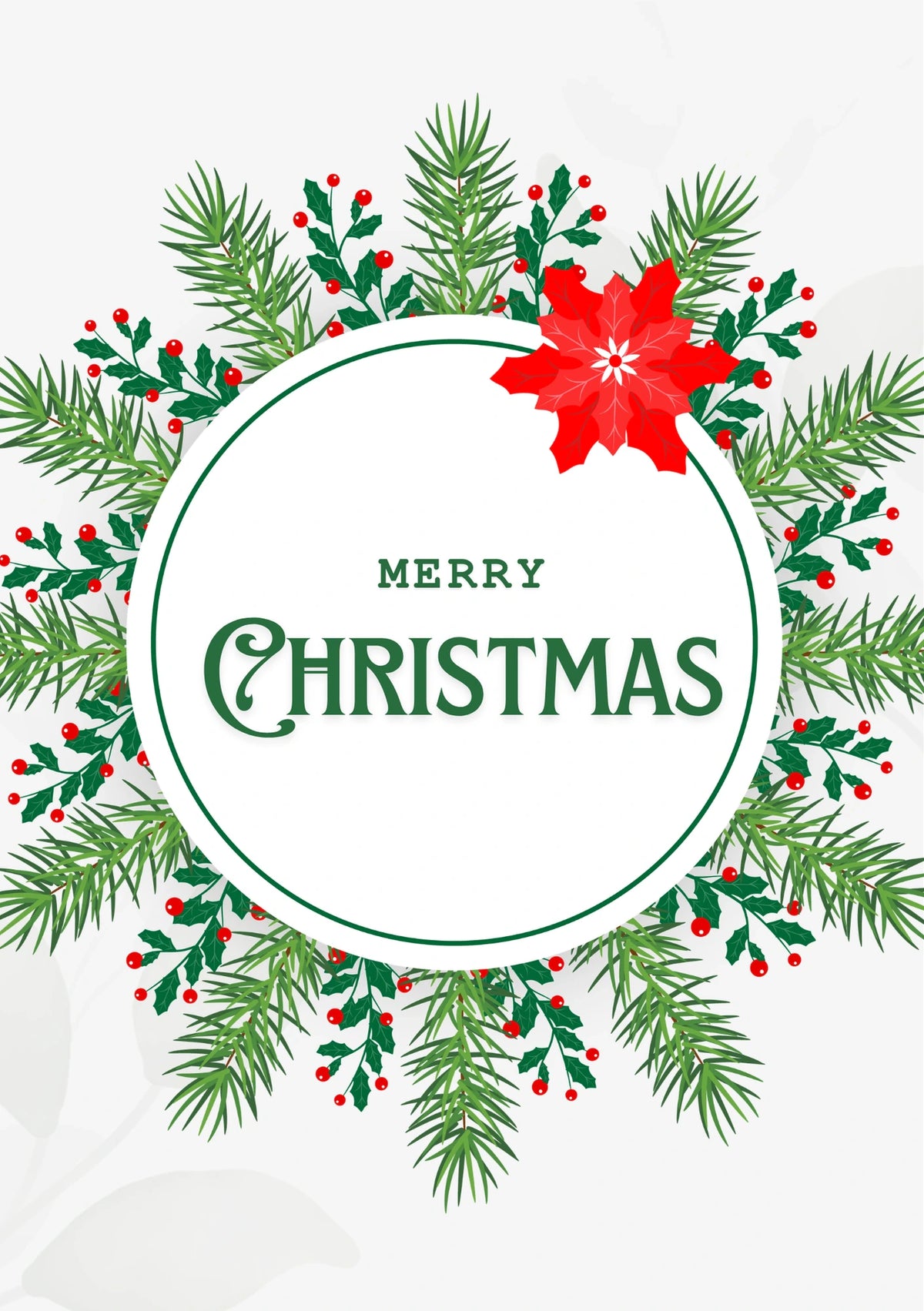 Holly Wreath Poinsettia Merry Christmas Card