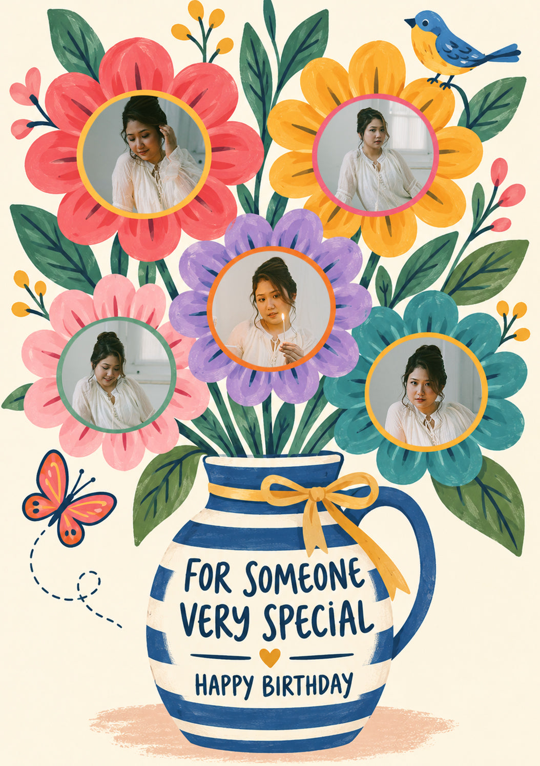 Floral Vase 5 Photo Upload Birthday Card for Her