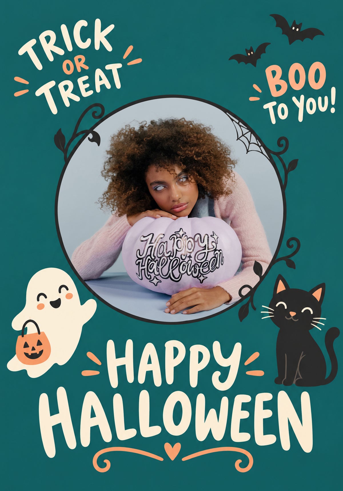 Trick or Treat Ghost and Cat Photo Upload Halloween Card