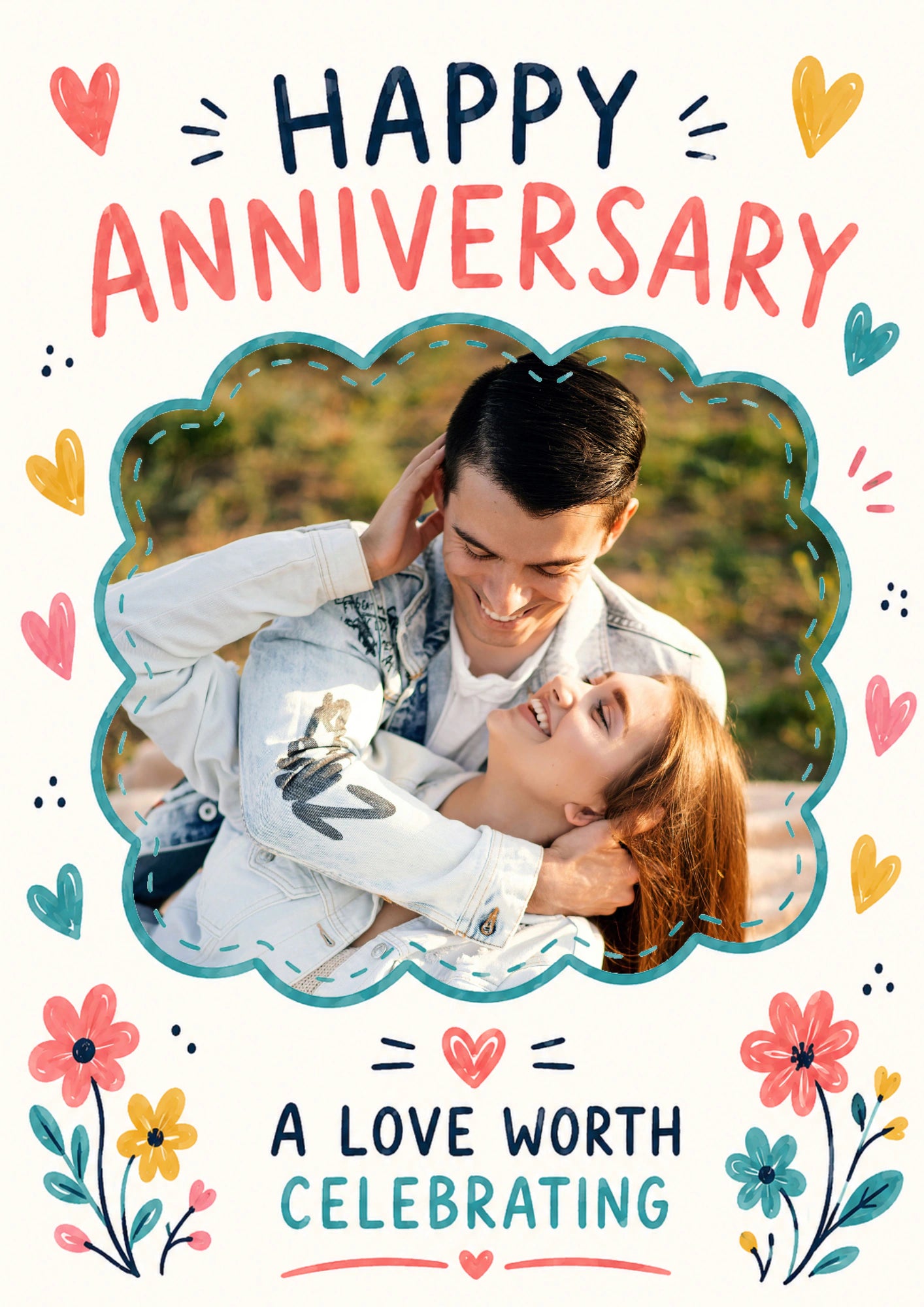 Colourful Hearts and Flowers Photo Upload Anniversary Card