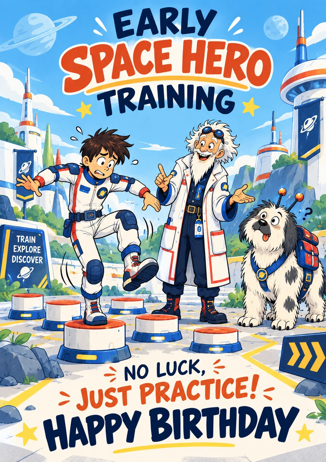 Funny Space Hero Training Happy Birthday Card for Him