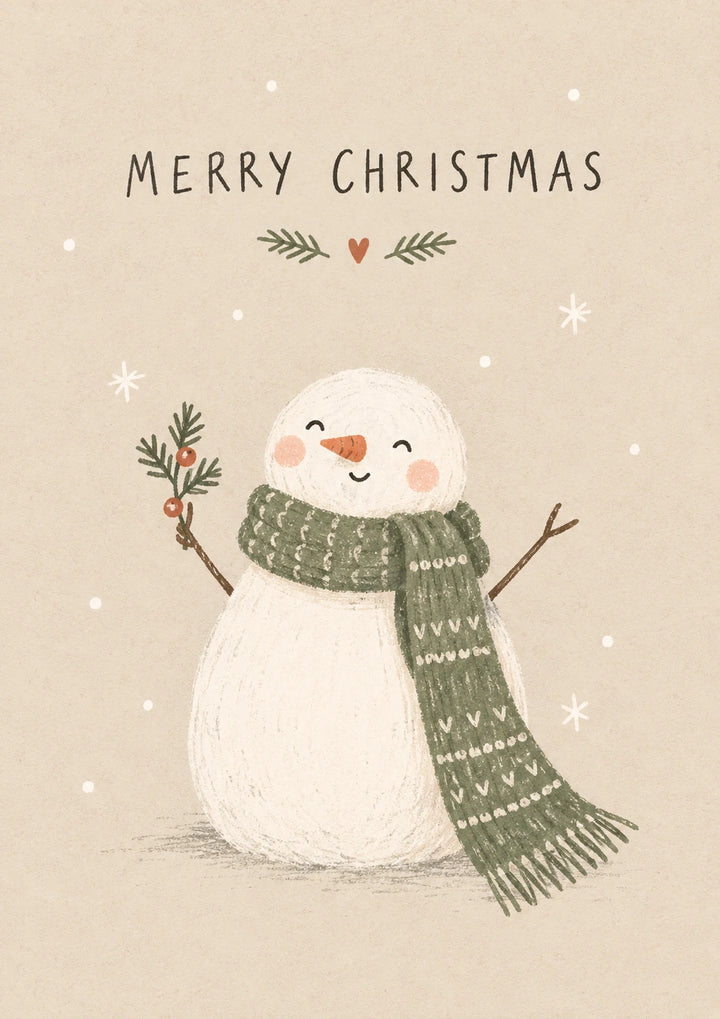 Cute Snowman with Green Scarf Christmas Card for Kids