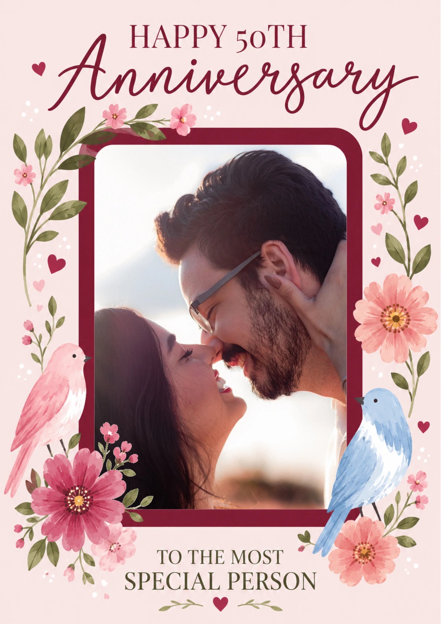 Floral Birds 50th Photo Upload Anniversary Card