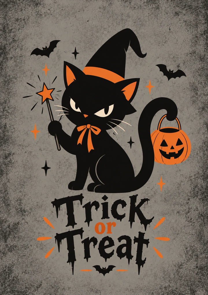 Witch Black Cat Trick or Treat Halloween Card