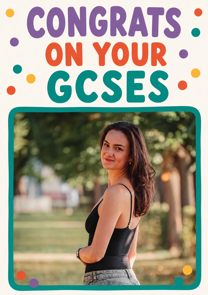 Colourful Polka Dot GCSEs Photo Upload Congratulations Card for Her