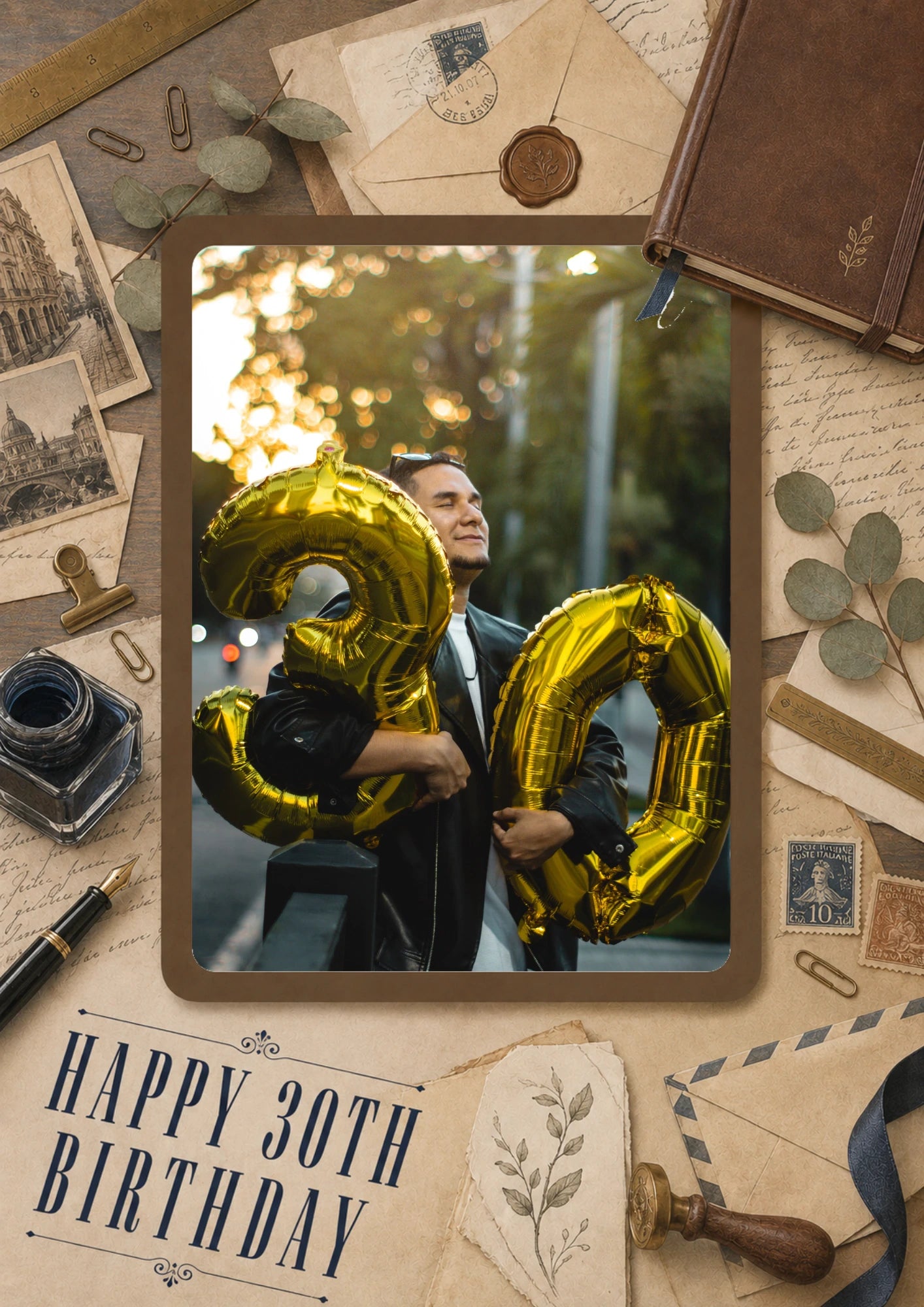Gold 30 Balloon Photo Upload 30th Birthday Card for Him