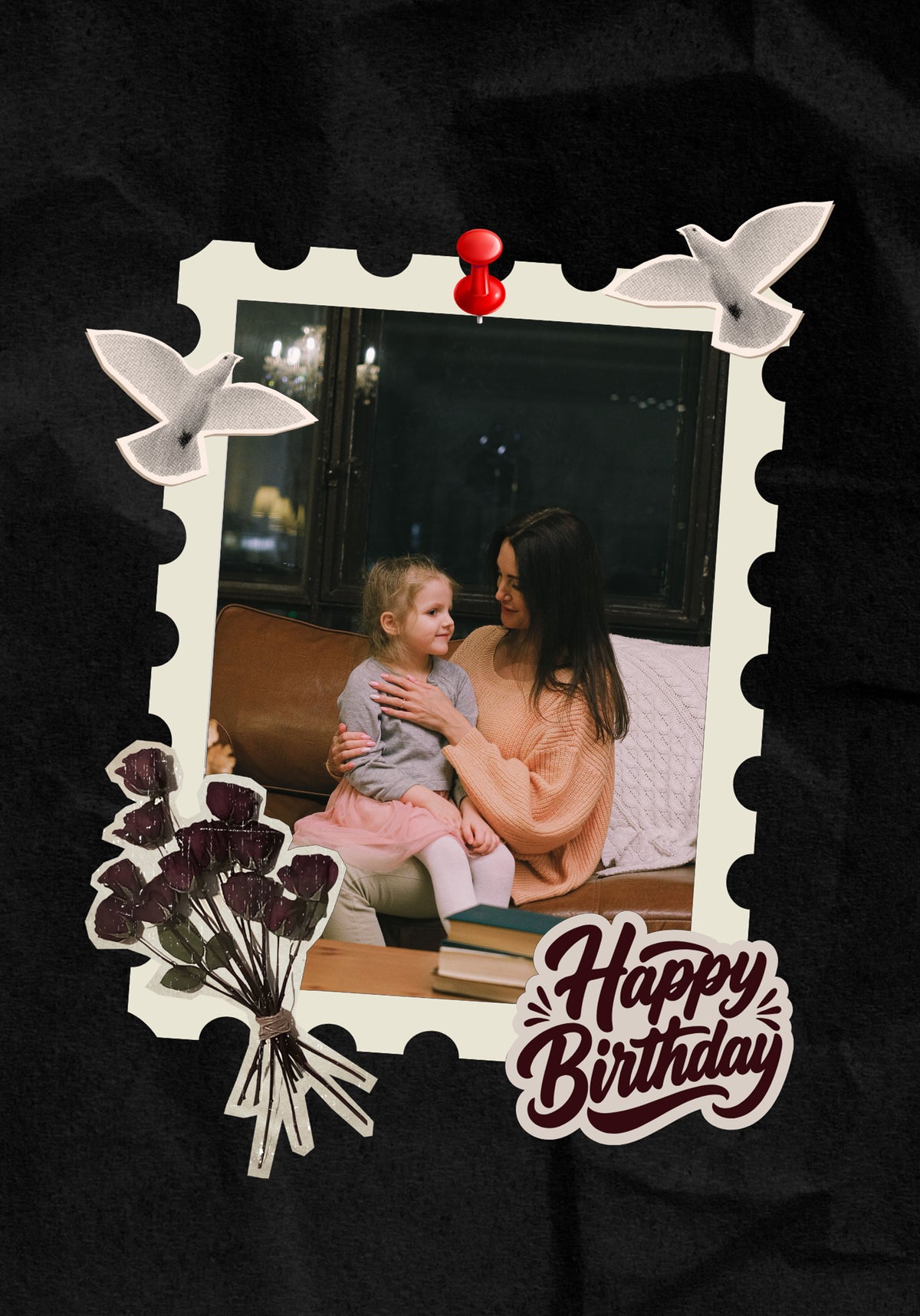 Dark Floral Doves Photo Upload Birthday Card for Her