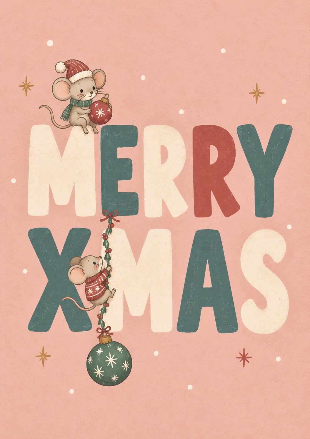 Cute Christmas Mice Baubles Xmas Card for Kids