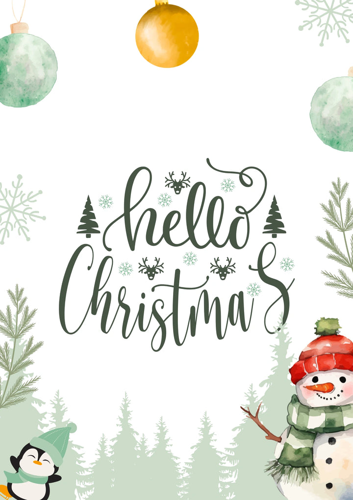 Hello Christmas Watercolour Snowman and Penguin Card