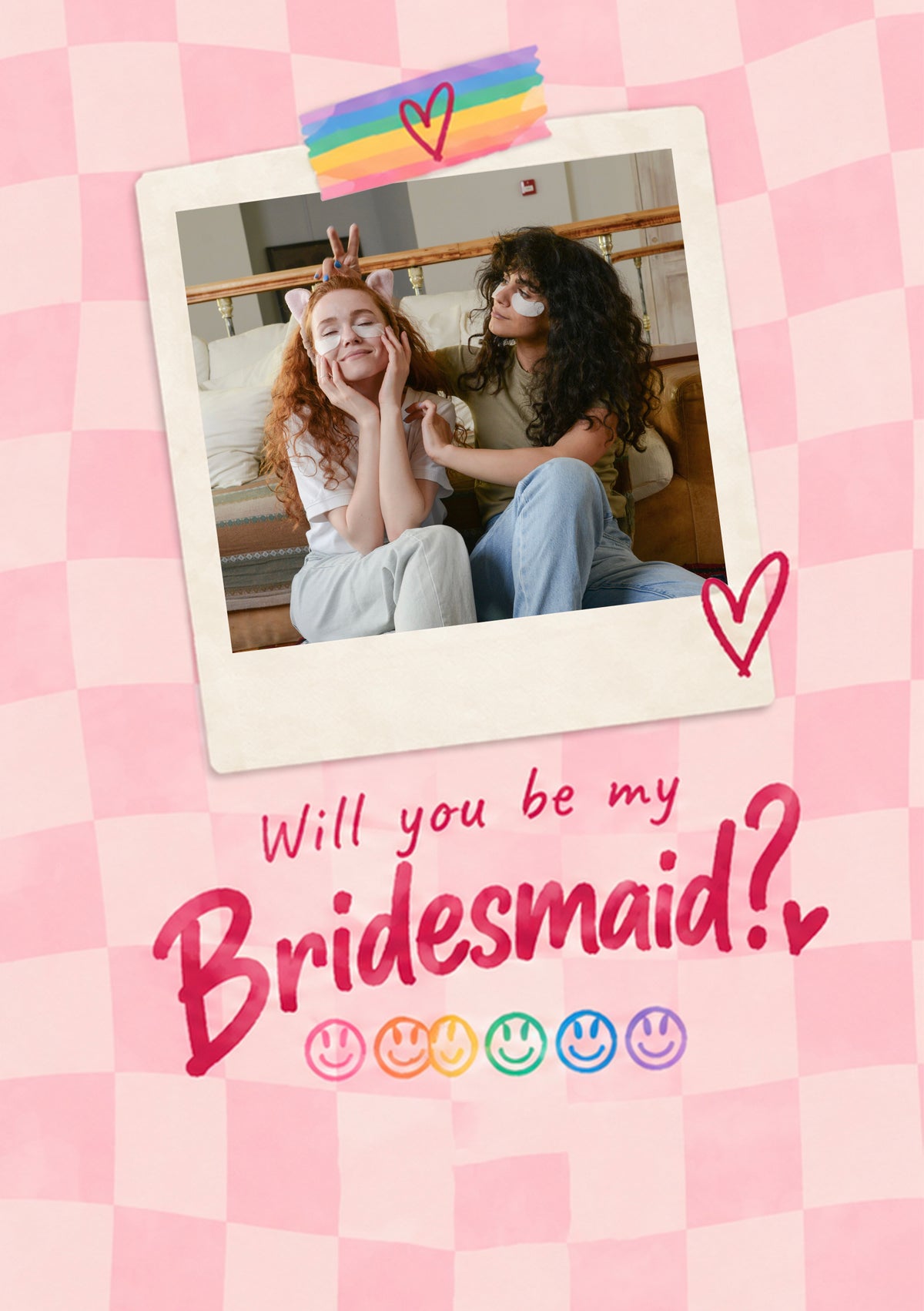 Rainbow Checkerboard Will You Be My Bridesmaid Photo Upload Birthday Card for Her