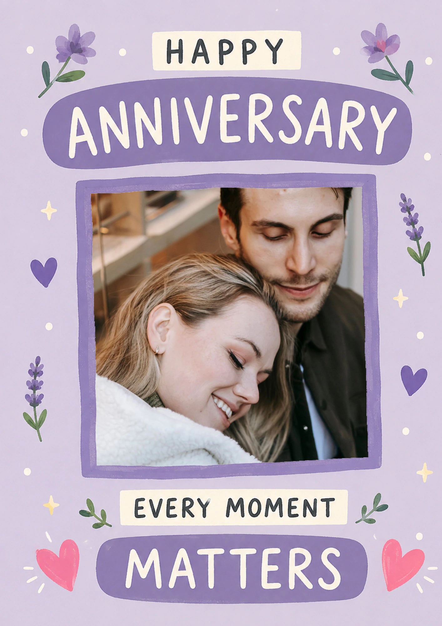Purple Floral Every Moment Matters Photo Upload Anniversary Card