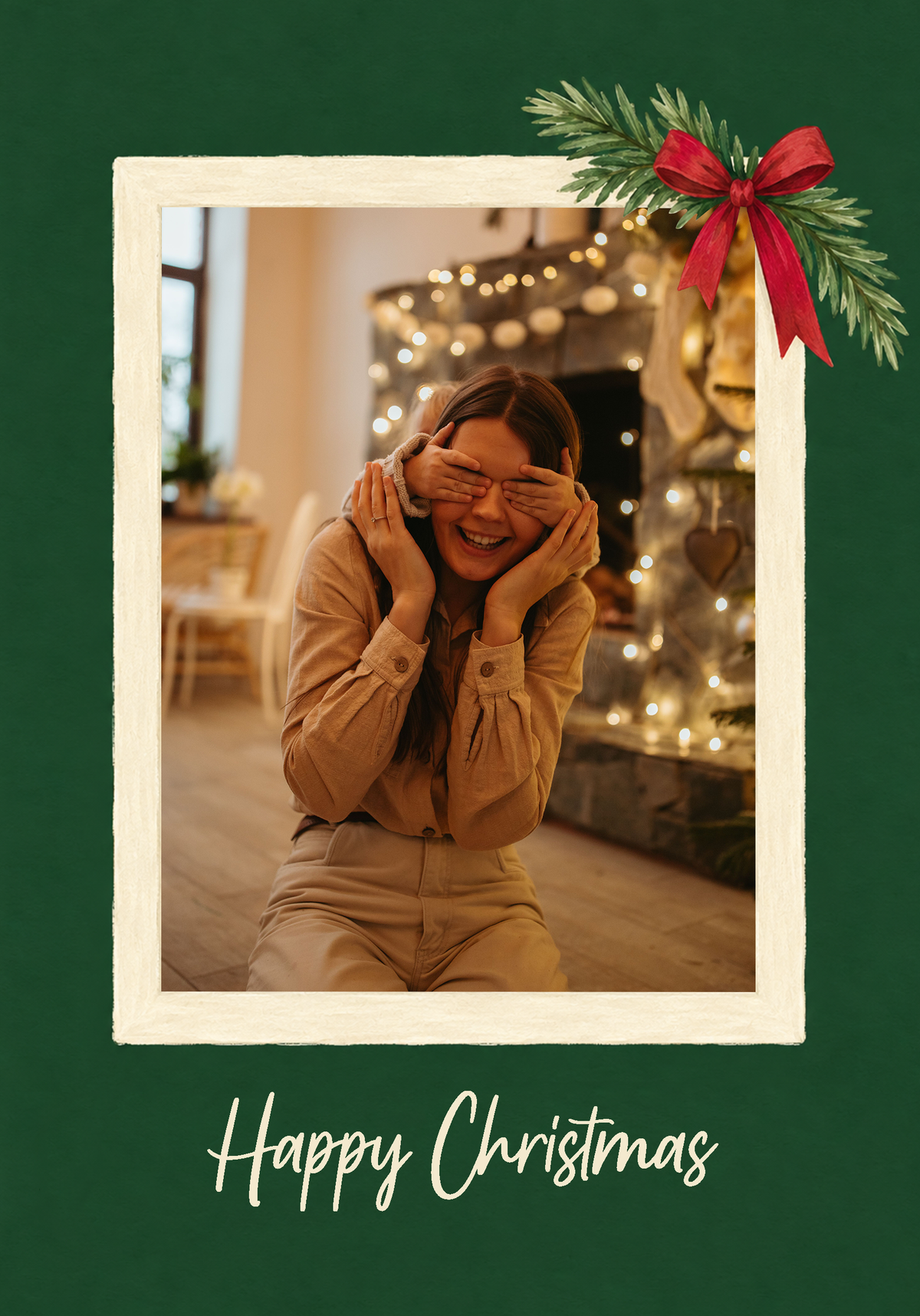 Pine Bow Green Frame Photo Upload Christmas Card for Her