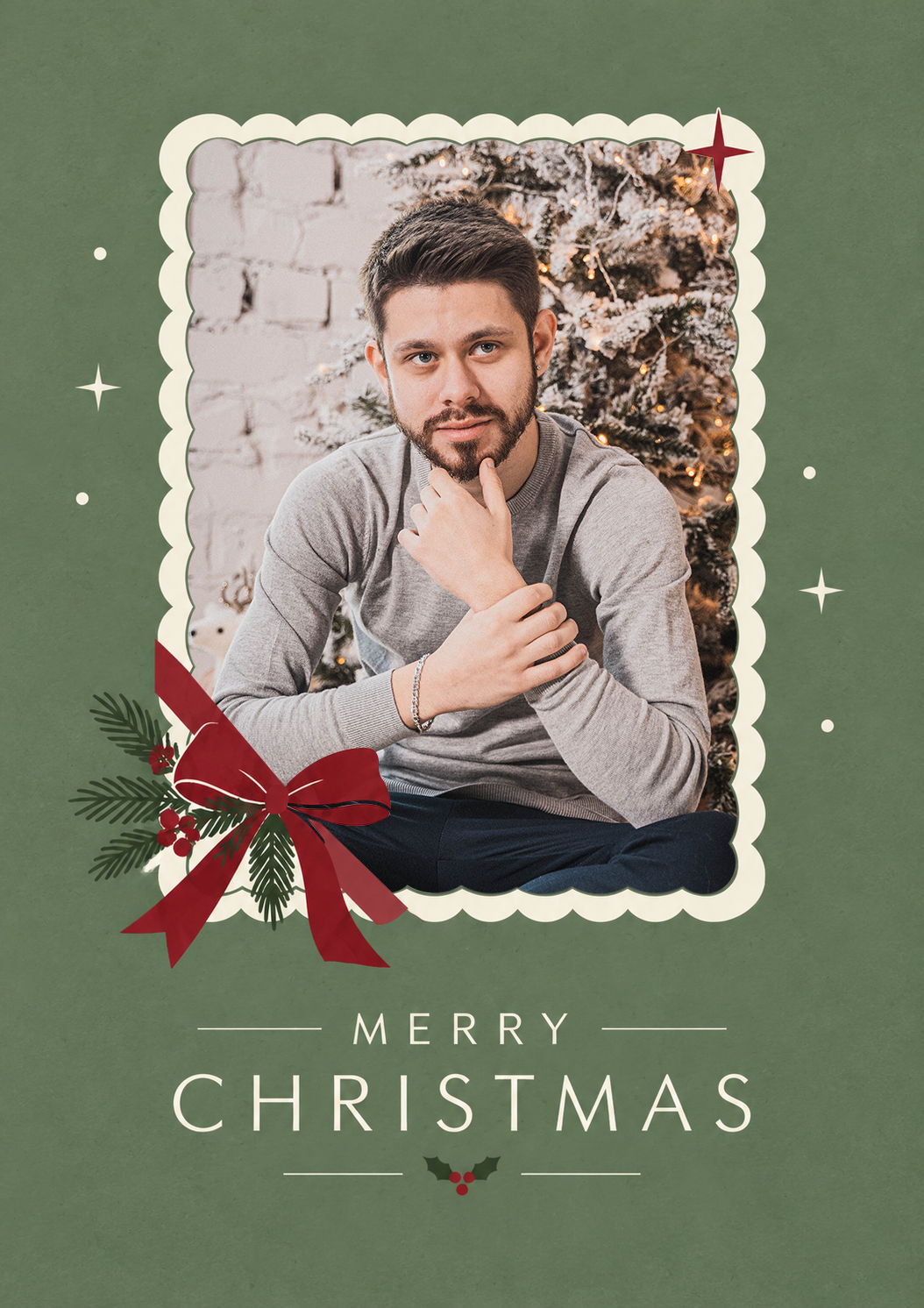 Vintage Green Bow Holly Photo Upload Christmas Card for Him