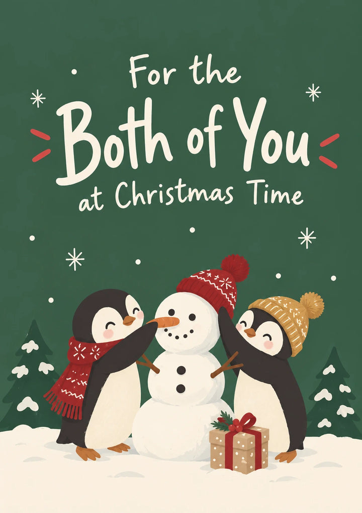 Penguins Building Snowman Both of You Christmas Card