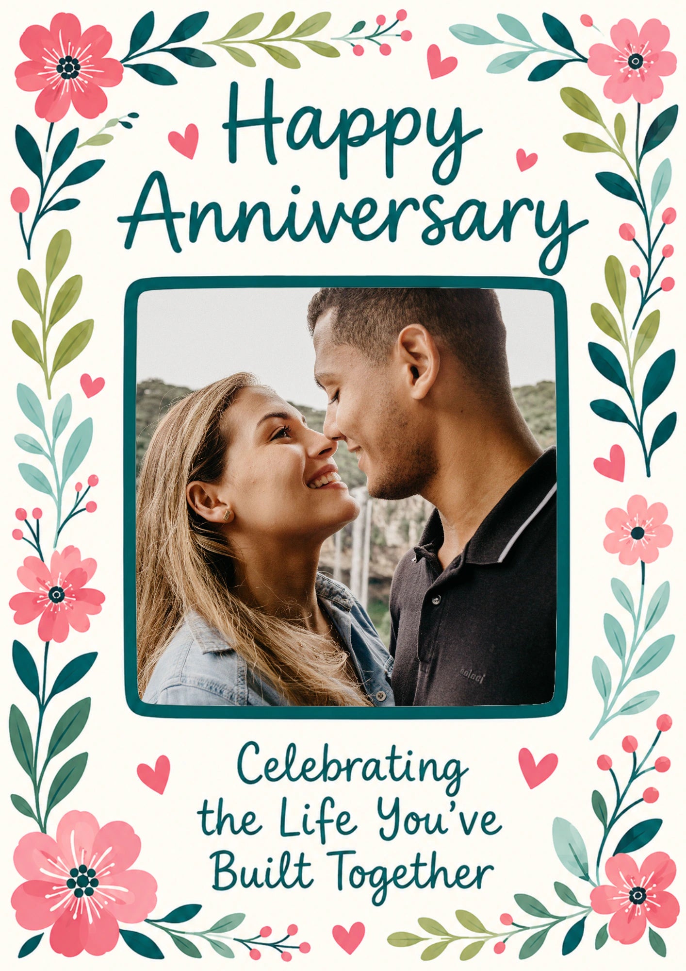 Pink Floral Celebrating Life Together Photo Upload Anniversary Card