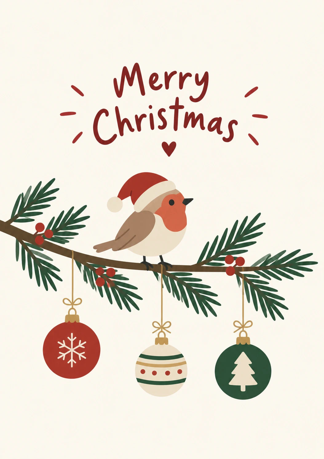Robin on Branch with Baubles Christmas Card