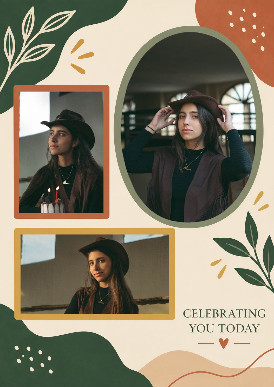Boho Botanical Three Photo Upload Birthday Card