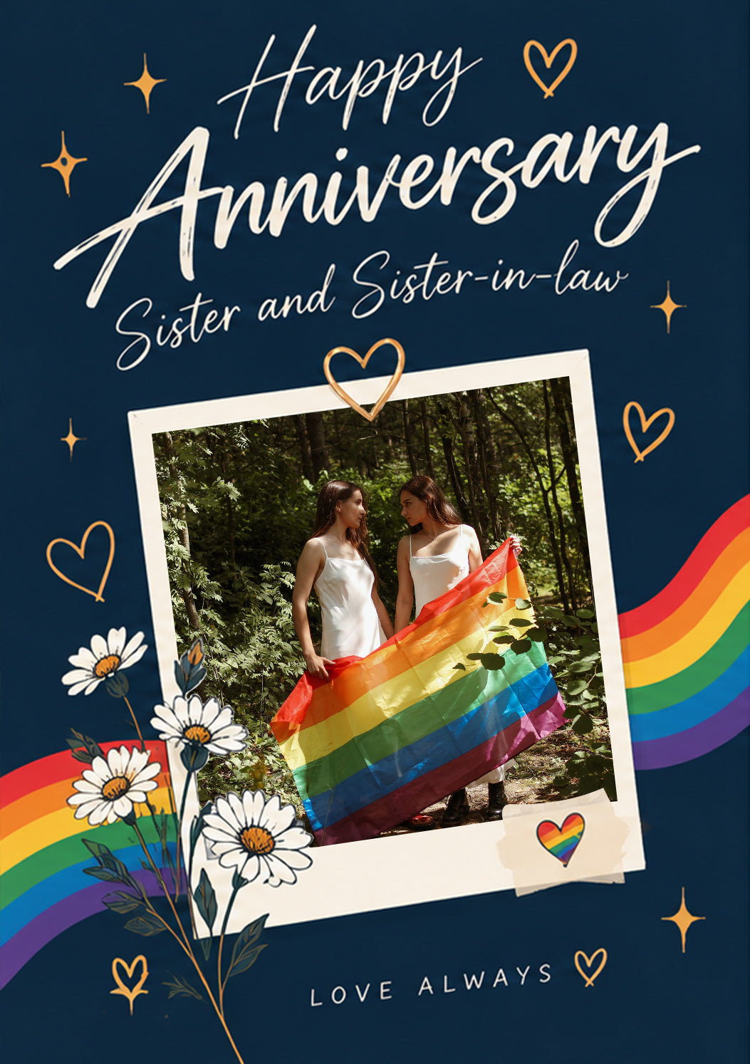 Rainbow Pride Sister and Sister-in-Law Photo Upload Anniversary Card