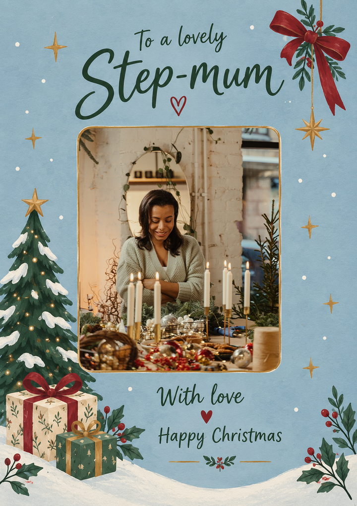 Lovely Step-Mum Snowy Scene Photo Upload Christmas Card for Her