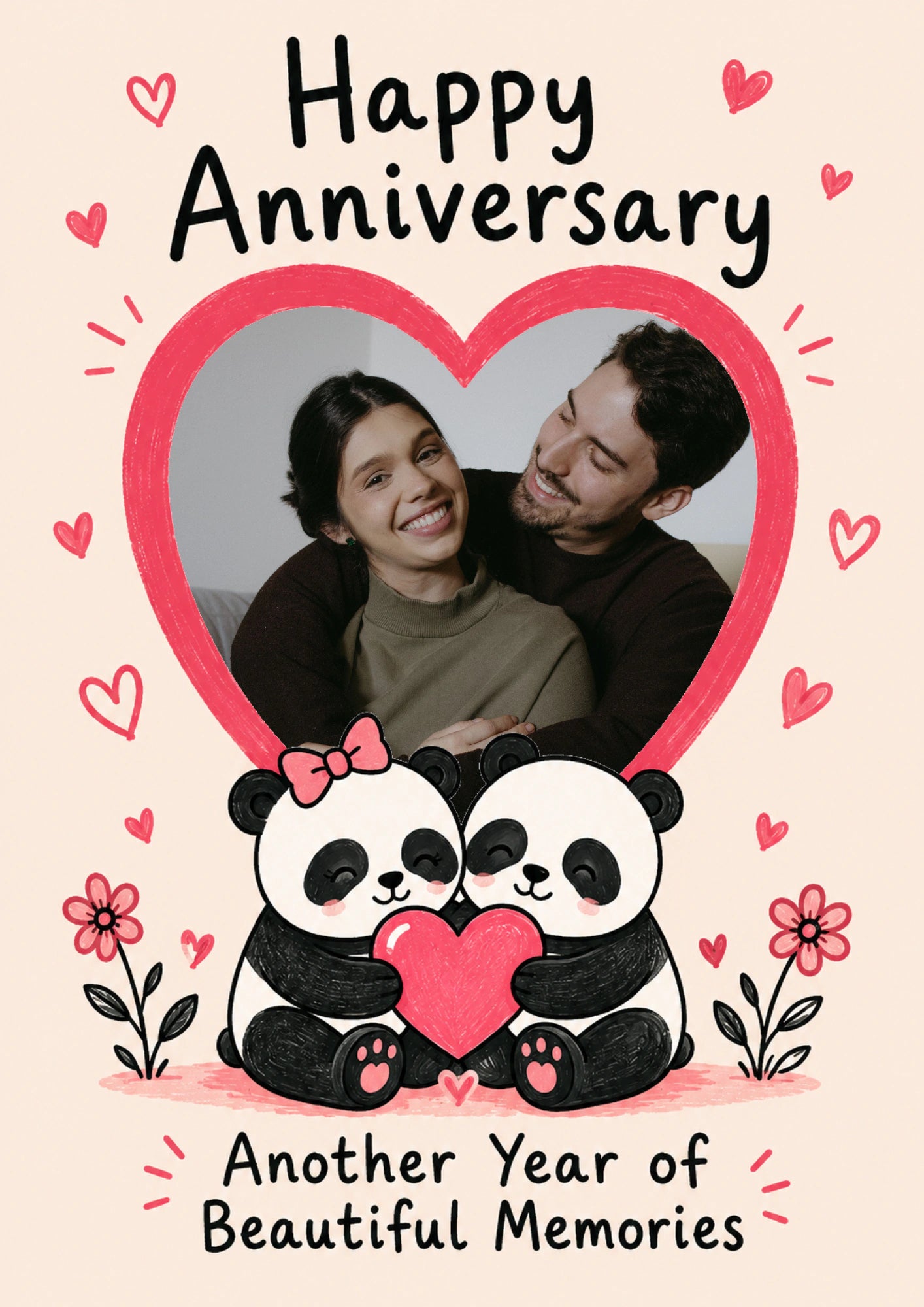 Cute Panda Couple Photo Upload Anniversary Card for Her