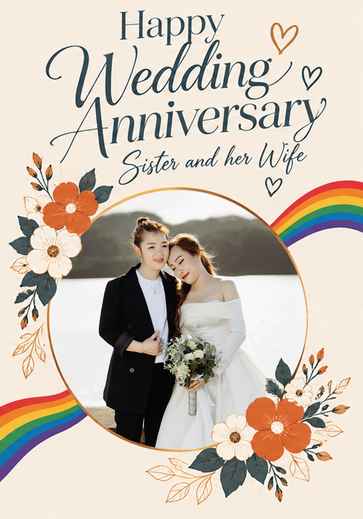 Rainbow Floral Sister and Her Wife Photo Upload Anniversary Card