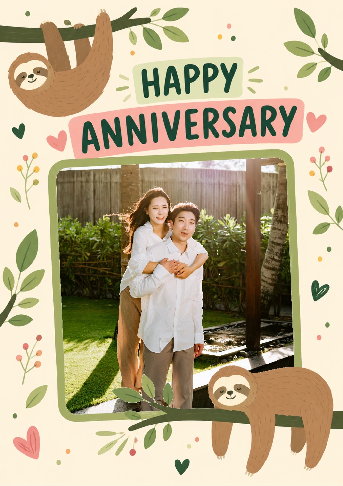 Cute Sloth Hanging Photo Upload Anniversary Card