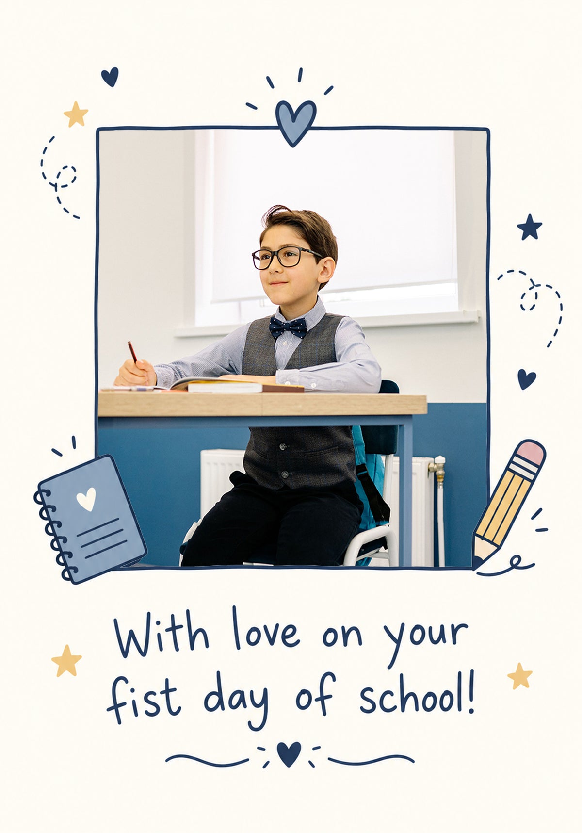 Navy Heart Notebook and Pencil Photo Upload Back to School Card