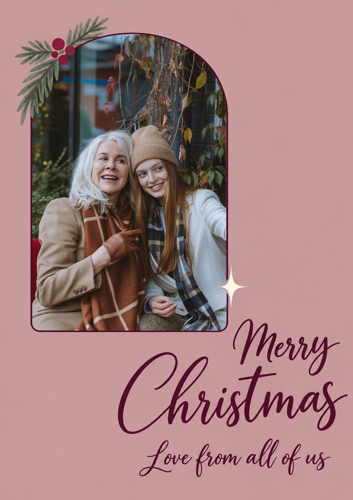 Dusty Rose Holly Sprig Photo Upload Christmas Card for Granddaughter